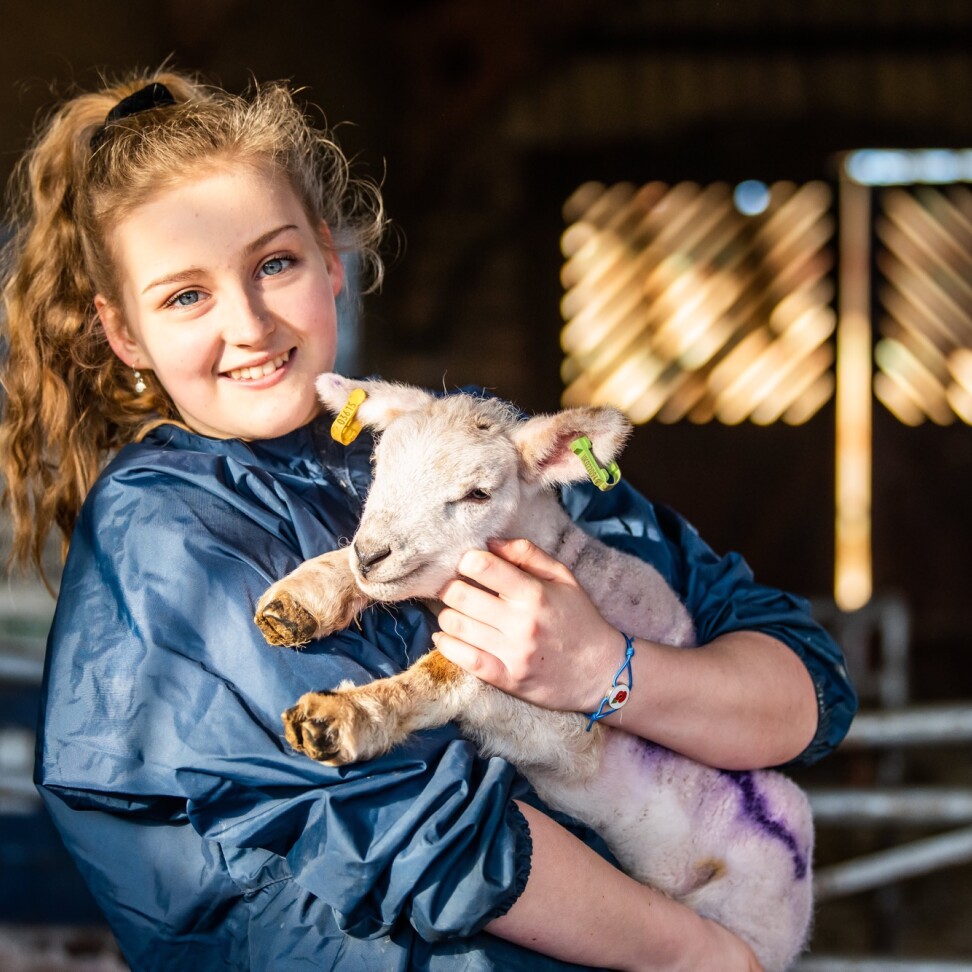 An Animal Science student is holding a lamb, and smiling.